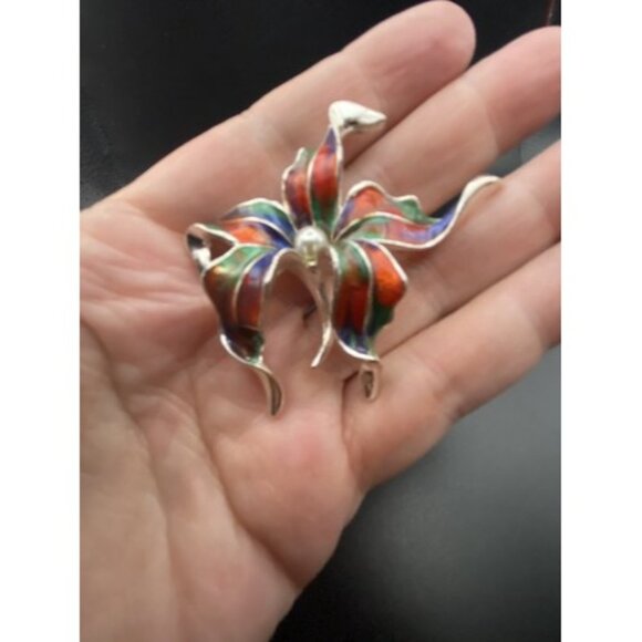 Vtg Brooch Marbled Red Blue Green Multicolor Enamel Silver Tone Flower 2.25" - Picture 7 of 7